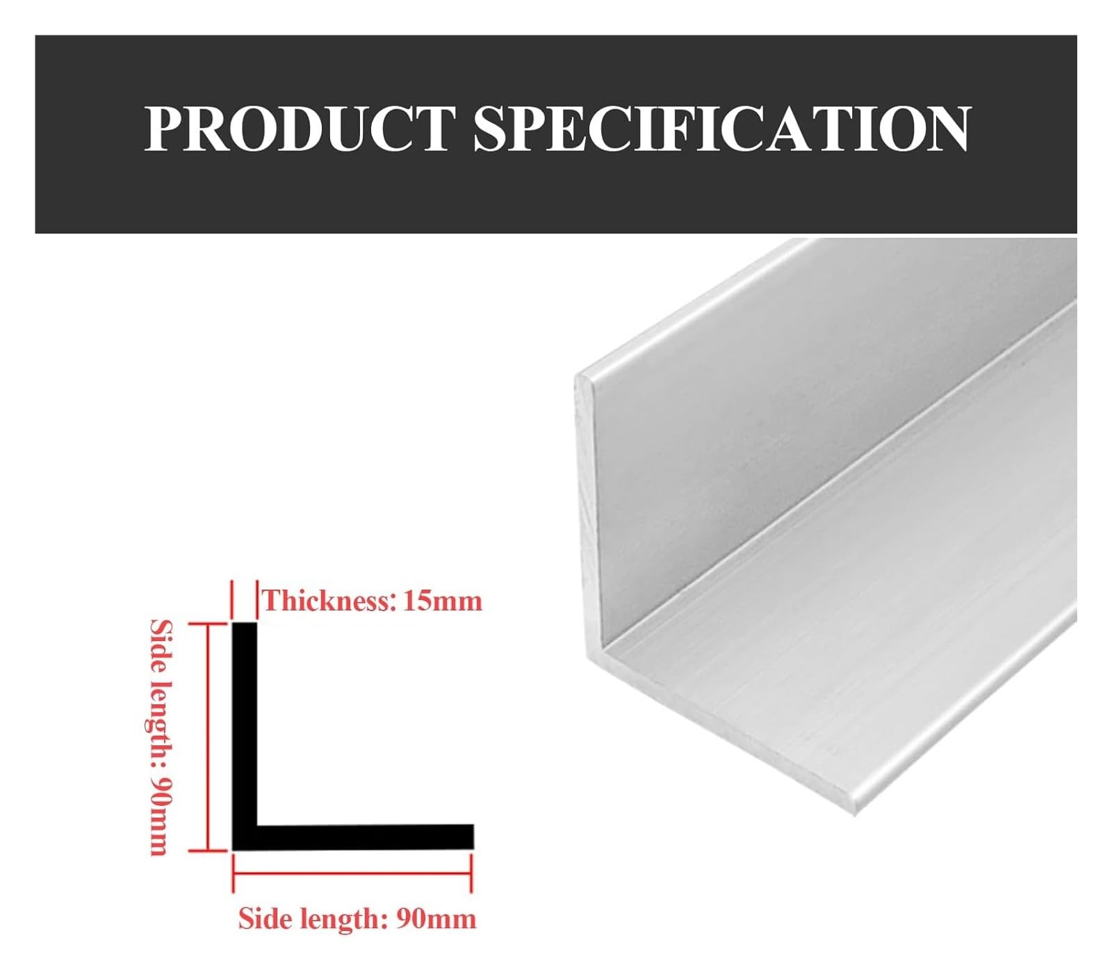 Kątownik aluminiowy 6061 w kształcie litery L, długość 500 mm do zastosowań architekturze, budownictwie i przemyśle, 90×30×10×500(90x90x15x500mm)