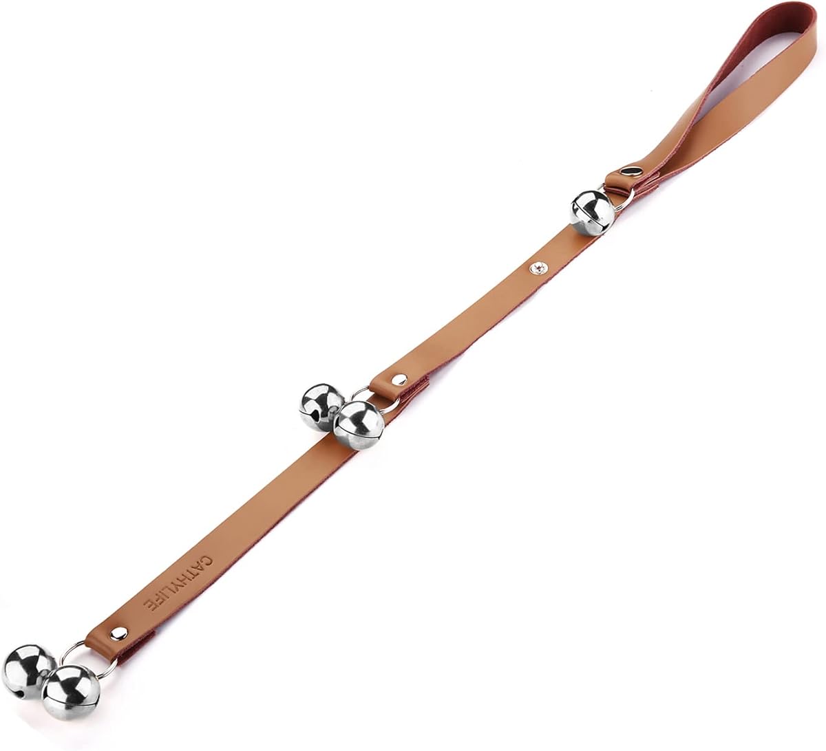 Leather Dog Doorbells for Door Knob/Potty Training/Go Outside, Length Adjustment Copper Dog Bell, Housetraining Hanging Bell, Brown Leather Silver Bells.