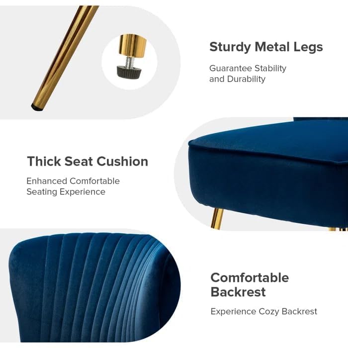 Image of Modern Upholstered Accent Velvet Chair Single Seater Channel Tufted Wing Back Chair with Golden Matel Legs for Living Room, Bedroom, Dining Room, Navy Blue