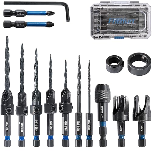 FRITZFURT Countersink Drill Bit Set 15 PCS Tapered Drill Bits Counter Sink Drill Bit with 2PCS Wood Plug Cutter 1/4 Hex Shank Quick Change for Woodworking