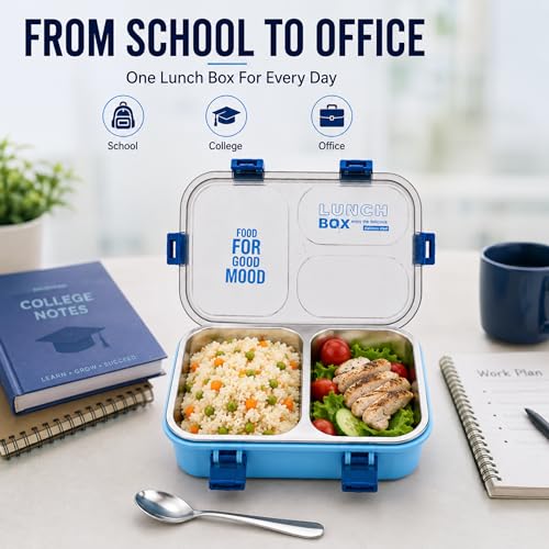 Image of Stainless Steel Lunch Box with 3 Compartments Leak Proof Airtight Lid BPA Free Food Storage Container Durable Portable Bento Tiffin for Kids, School Picnic (2 Compartment Blue)