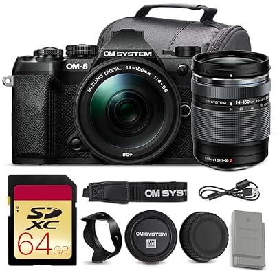 OM SYSTEM OM-5 Mark II Mirrorless Camera with 14-150mm f/4-5.6 II Lens Bundle (Black) | 20MP Sensor, 5-Axis IBIS, Weather-Sealed Body & 4K Video | for Travel & Outdoors + 64GB Card + Battery + More