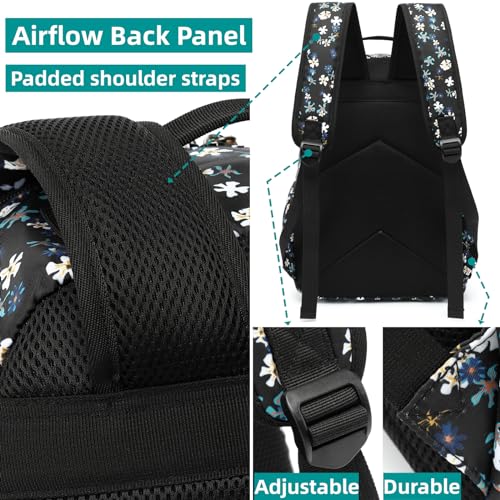 Image of Leaper Laptop Backpack for Women: Cute Girls Backpack Floral for School College Travel Work - Lightweight Bookbag for Kids, Black-daisy, Large, Traditional Backpacks