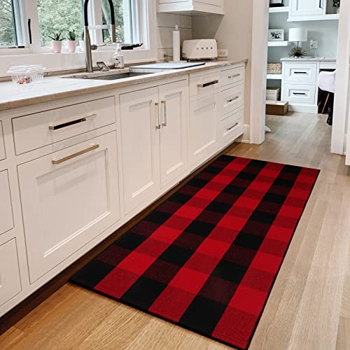 Leevan Checkered Door Mat 24"X 51" Washable Buffalo Plaid Rug Red And Black Welcome Doormats Cotton Outdoor Porch Mat Braided Entrance Rug Landuary/Kitchen/Bathroom/Entryway Throw Rug For Layered #TOP28