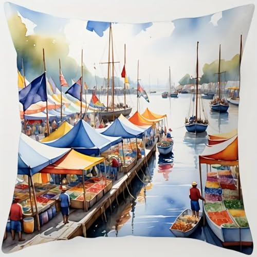 ANSIWEIGO Juego de cojines de nudos, 43 x 43 cm, juego de anudados con gancho e hilo, cojín para anudar uno mismo, cojín decorativo para adultos y niños, paisaje urbano mediterráneo