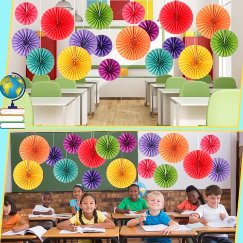 Image of 18 Pcs Rainbow Hanging Paper Fans Decor Back to School Paper Fans Round Paper Garlands Bulletin Board Classroom Decorations for Party Supplies Classroom Decor