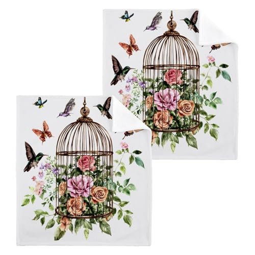 ALAZA Wash Cloth Set 100% Cotton Fingertip Towels Face Cloths Sets Birdcage Butterfly Highly Absorbent Soft Feel Set of 2