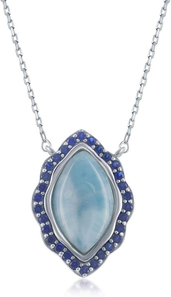 Created Sapphire and Natural Larimar Gemstone Marquise-Shaped Sterling Silver Pendant 16+2’’ Necklace Jewelry for Women or Teens