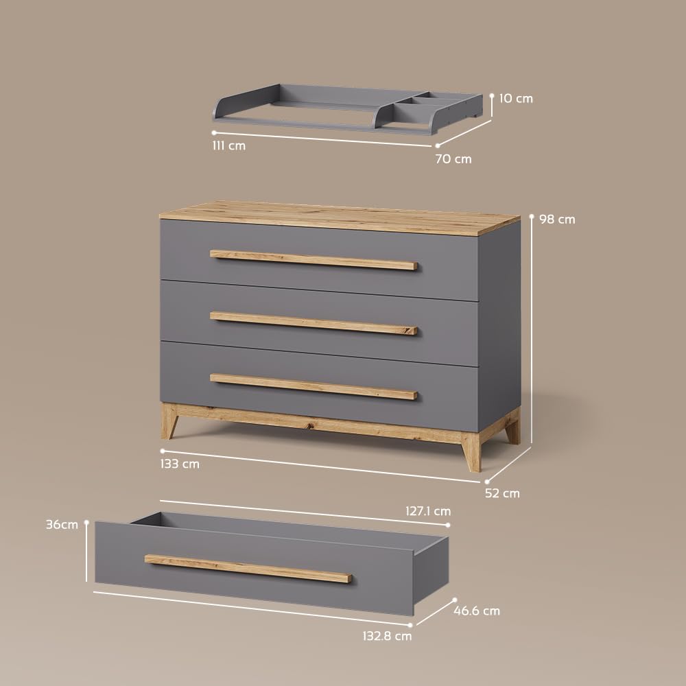 Livinity Commode à Langer Mailo, Gris/Artisan, XL avec 3 tiroirsorganisation Fonctionnelle pour Les Petits espaces