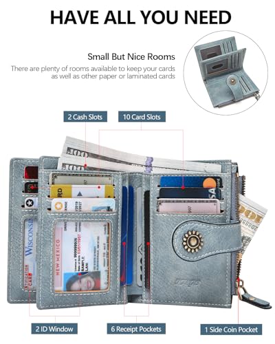 Small RFID Blocking Wallet for Women - Leather Slim Bifold Compact Credit Card Holder With ID Window and Zipper Coin Pocket - Blue Birthday2