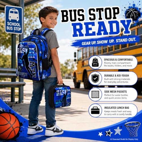 Image of gxtvo 3PCS Boys Basketball Backpack, 17 inch Kids Bookbag with Lunch Box, Water Resistant Middle Elementary Preschool School Bag