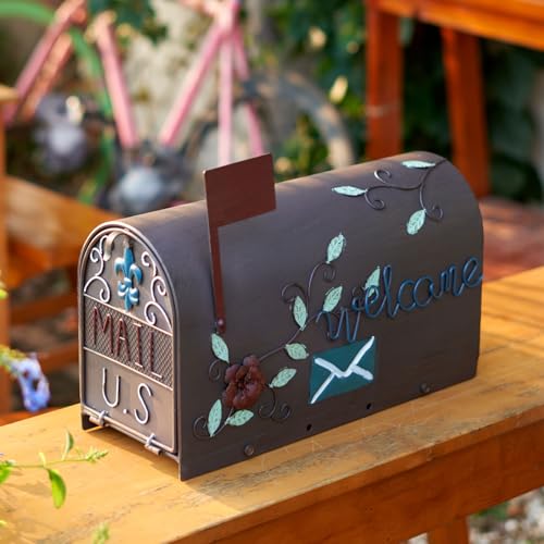 Image of Vintage Metal Post-Mount Mailbox, Decorative Mailboxes for Outside with Floral & Welcome Design