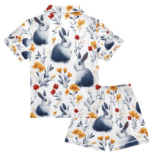 senya Blue White Rabbit O Satin Summer Pajama Sets Silk Short Sleeve Button Down Sleepwear2