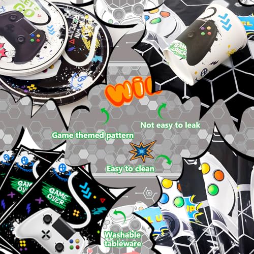 Videospiel Party Zubehör,16 Gäste Video Game Birthday Decorations Videospiele Party Geschirr Teller Becher Luftballons Banner Tischdecke etc Deko Geburtstag