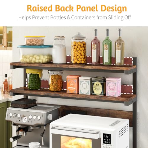 Image of Baker's Rack with Power Outlet, 5-Tier Adjustable Shelf with Storage, Brown | LED Lights,Kitchen Coffee Bar Storage,Microwave Stand with Storage,Spice Organizer for Kitchen, Dining Room and Office