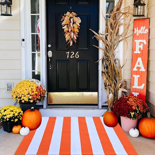 CAINANEL Fall Outdoor Rug Orange and White Striepd Rug Front Door Mat Halloween Thanksgiving Fall Autumn Home Decor Layerd Welcome Doormat for Front Porch Decor Front Door Farmhouse Decor