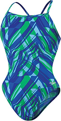 Speedo Women's Zee Wave Fly Back One Piece Swimsuit, Blue/Green, 28