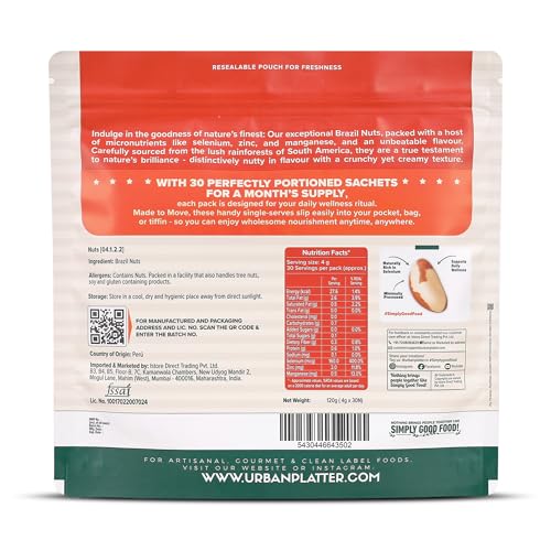 Image of Urban Platter Brazil Nuts, 120g (Monthly Consumption Pack, Rich In Selenium, Have 1 Daily, 30 single serve brazil nut sachets)