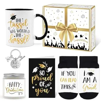 Graduation Gift Set for Her Congratulations Present Box for Girl Women Girlfriend Sister Coffee Mugs Socks Key Chain Candle Card Black Gold