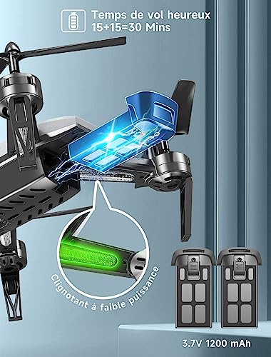 Wipkviey T6 drone avec camera - Drones Fpv HD 1080P pour enfants adultes débutants, Avec vidéo en direct WiFi, maintien de l'altitude, Flip 3D, capteur de gravité, Contrôle gestuel, Commande vocale
