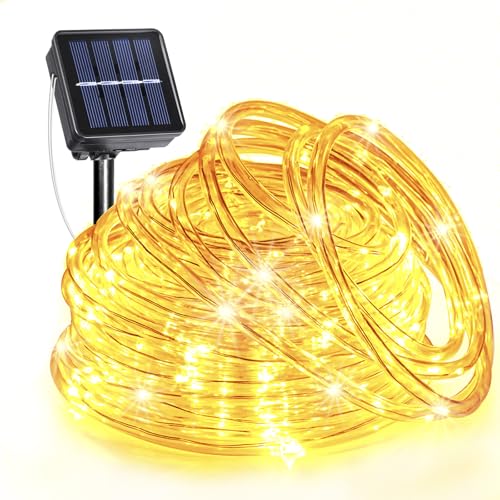 Solar Rope Lights Outdoor Waterproof, 33FT 135LED Solar String Lights for Outside 8 Modes, Flexible Solar Powered Christmas Light for Pool Trampoline Garden Patio Tree Party Decorations, Warm White