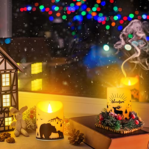 Image of Treela 2 Pieces Christmas Flameless LED Candles with 8h Timer, Battery Operated Plastic Pillar Rustic Candles Warm Light with Decals for Adventure Table Home Decor, D3 x H6 (Woodland Mountain)
