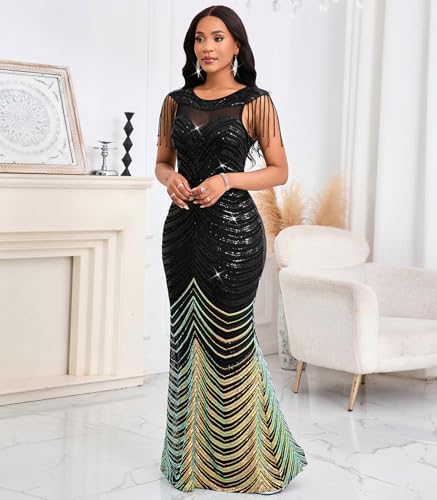 Cololura Women Sexy Sequin Tassel Mesh Perspective Gold Threads Patchwork Bodycon Party Cocktail Evening Gown Dress2