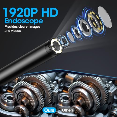 Image of Endoscope with Light, 1920P HD Borescope with 8 Adjustable LED Lights, Semi-Rigid Snake Camera, IP67 Waterproof Inspection Tool (16.4ft, Black + Single Lens Wiring Harness)