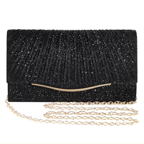 BellaBlend TELAIN Glitzernde Clutch Handtasche für Damen, Elegante Abendtasche für Hochzeit, Cocktail, Party & Festliche Anlässe, Mit Abnehmbarer Schulterkette, Vielseitig als Clutch (Schwarz)