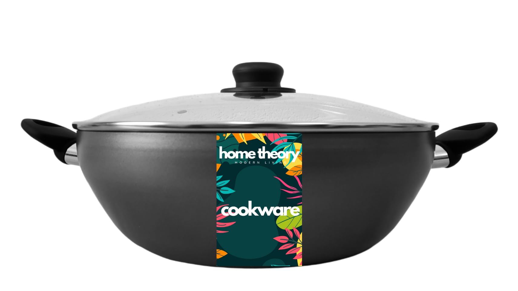 Wok en aluminium antiadhésif de 32 cm/12,5 pouces avec couvercle – Grande poêle à wok antiadhésive pour cuisine asiatique et indienne, doubles poignées, poêle à frire profonde non toxique