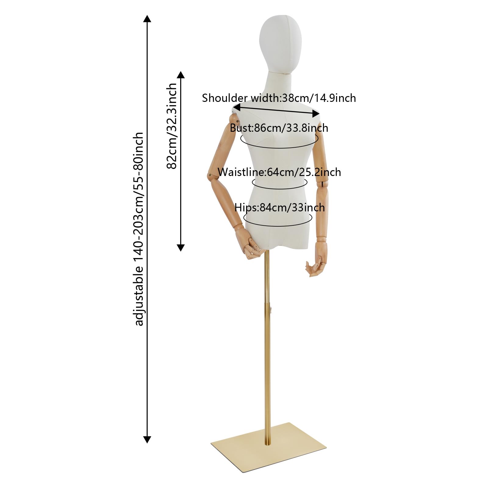 Female Mannequin Dress Form Torso with Detachable Head & Adjustable Wooden Arms, Linen Cover & Gold Metal Base, 55