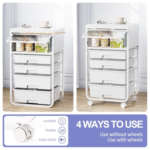 Image of SYKIARIOL 4 Drawers Rolling Storage Drawer Craft Organizers Bookshelf Cart with Dust-Proof Door for Kids Playroom,Bedroom,Home Office, White