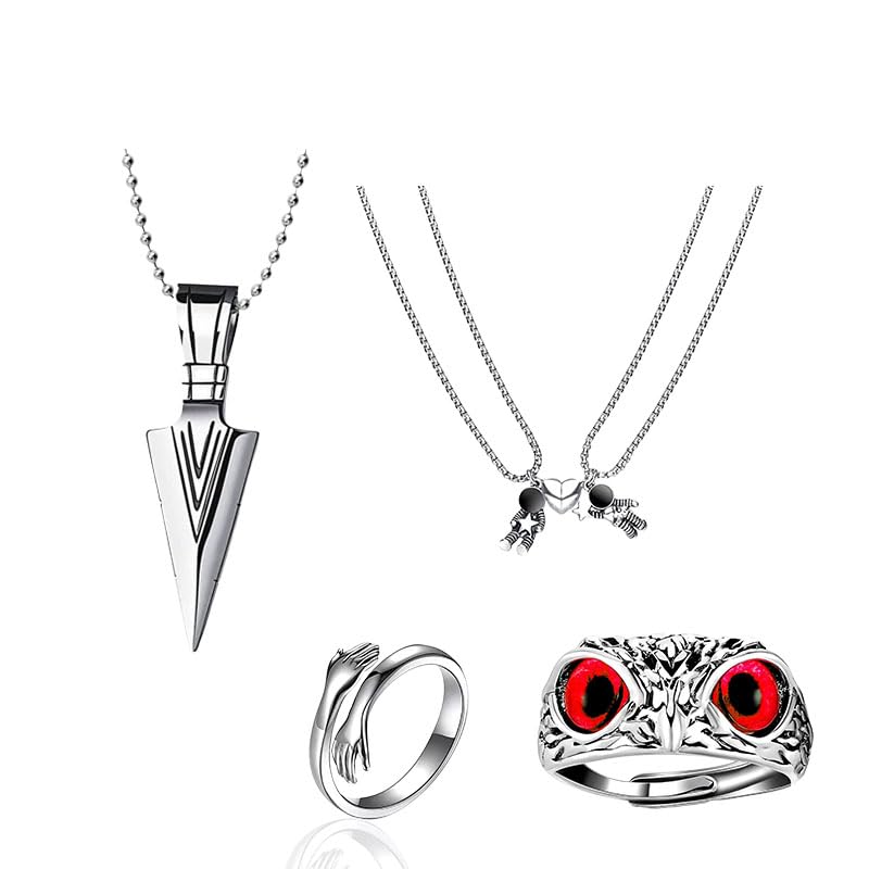 ringzinnie Single Chain For Men + Couple Braclet Black and White Color + Couple Ring In Silver Color-picture-15