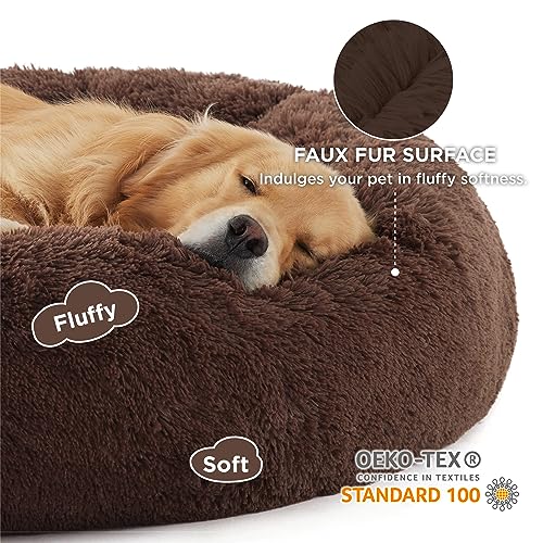 Image of Bedsure Calming XL Dog Bed Donut Washable Extra Large Pet Bed,45ins Coffee | Fluffy Faux Fur Round Cuddler,Machine Washable,Anti-Slip Bottom,Anti-Anxiety,Deep Sleeping for Pets Up to 120 Lbs