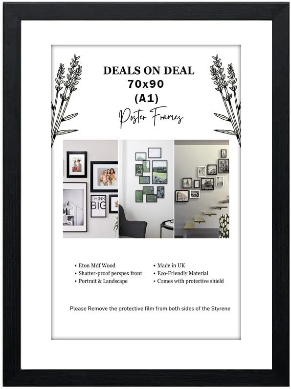DEALS ON DEAL® Poster Frame Black 70x90 cm With Mount A1 | Prints HD Clear Aclyric Front Picture Frames | Portrait Landscape | White Matting 70 x 90cm Picture Poster Frames