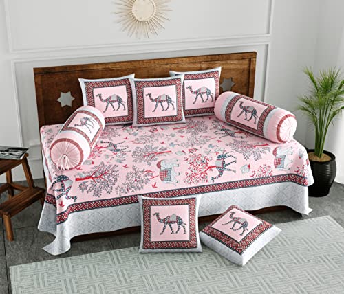 Image of BLOCKS OF INDIA 200Tc Diwan Set Cotton 8 Piece | Deewan Printed Bedsheet Sets For Living Room Hall (Set Of 8 Piece, 1-Bed Sheet | 2-Bolster Cover | 5-Cushion Cover (Color 9), Pink