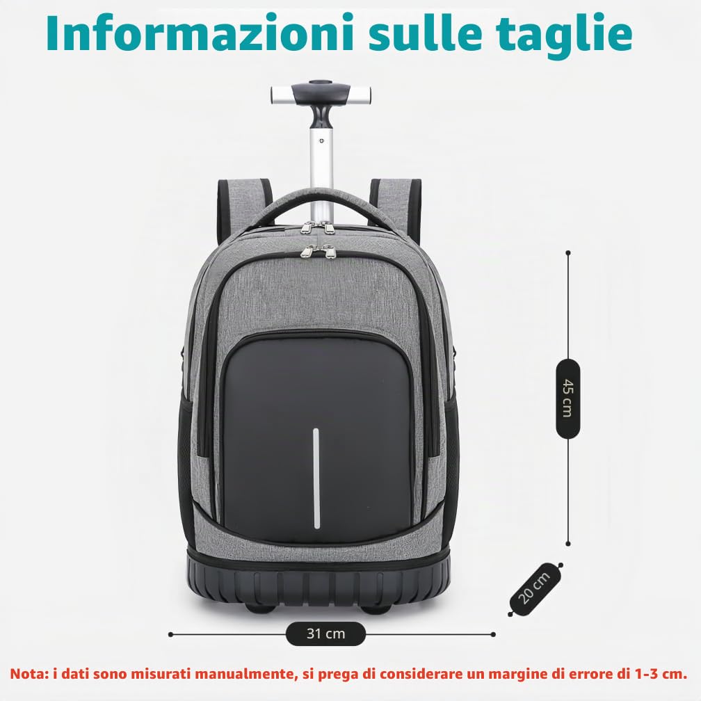 Zaino Trolley Viaggio, Impermeabile Borsa con Ruote Zaino con Rotelle per Uomo e Donna, Scuola, Università, Viaggi, Nero