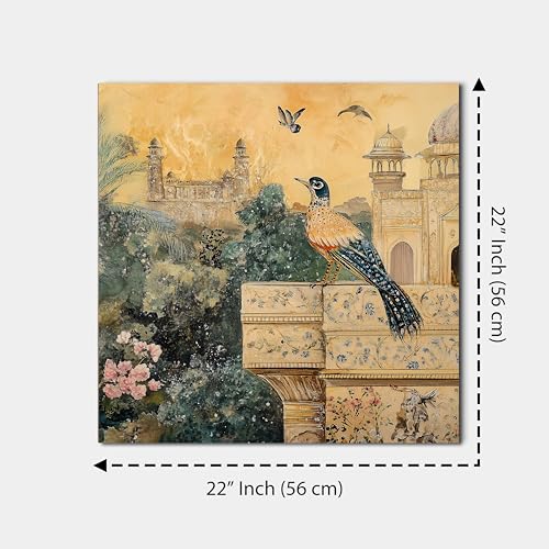 Image of PAINTINGMANTRA Mughal Palace Artwork Stretched Canvas Painting for Living Room | Heritage Bird Canvas Wall Decor Art For Livingroom, Bedroom, Office, Hallways - 22x22 Inch