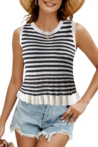 Image of CiCiBird Women Cute Crop Sweaters Vest Knit Sleeveless Pullover Tops Crochet Ruffle Hem Tank