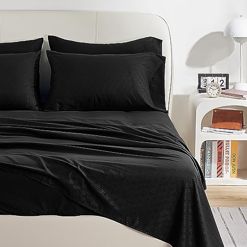 Image of SLEEP ZONE Luxury Embossed Twin Bed Sheets Set for Kids, Black Honeycomb Pattern Sheet & Pillowcase Sets 3 Piece - Super Soft, Wrinkle Free, Fade Resistant, Deep Pocket 16 inch (Black, Twin)