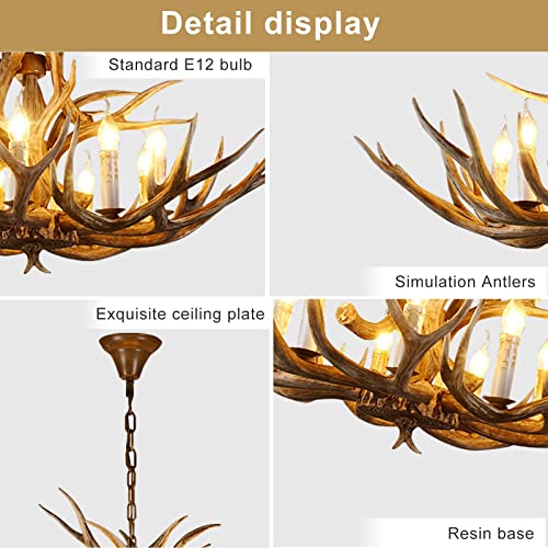 Rustic Antler Chandelier 8 Light, Large Deer Antler Chandelier Lighting Resin Antler Light Fixtures, Vintage Farmhouse Deer Horn Chandelier For Dining Room Kitchen Living Room, 8 Lights 14 Antlers #TOP4