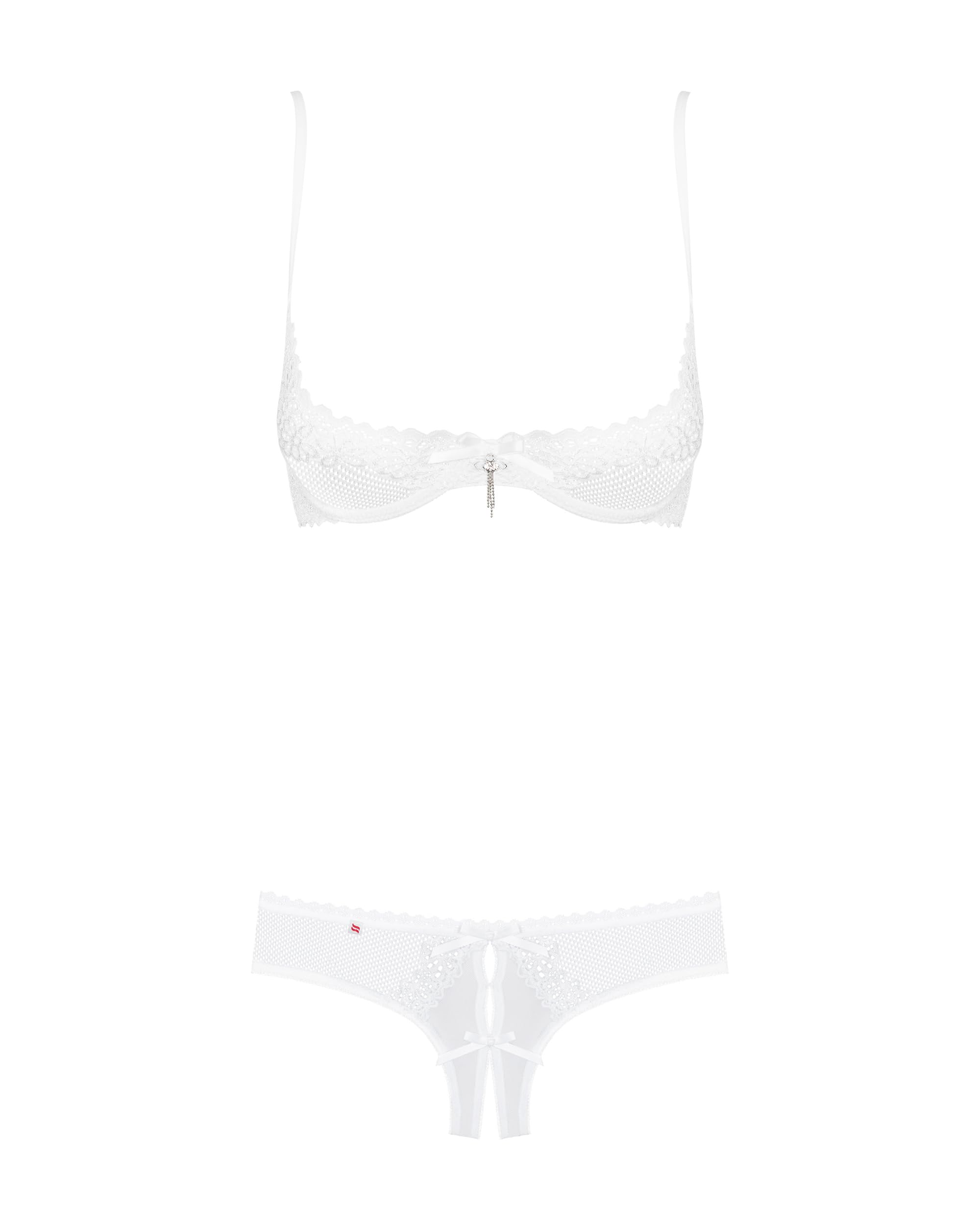 Obsessive Erotisches Damen Dessous Set aus Hebe Bügel BH und String ouvert in weiß Spitzen Set Slip und BH Unterwäsche Größe: S/M