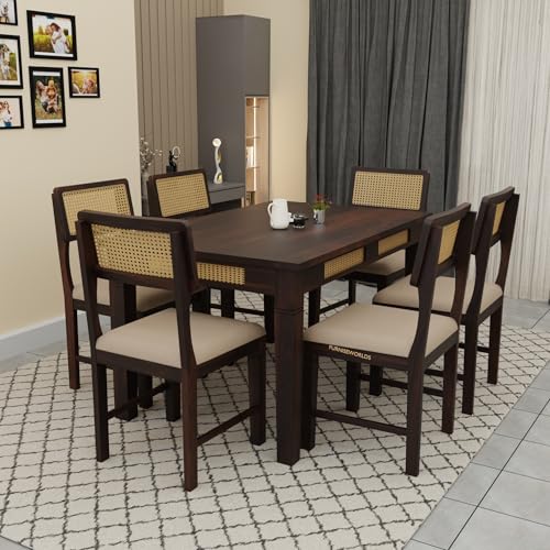 Image of Sheesham Wood Dining Table Set 6 Seater Set for Home and Kitchen, Rattan Dining Table 6 Seater with Chairs Cane Furniture, Dining Set