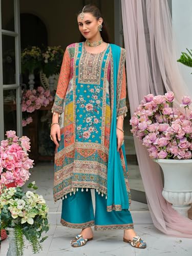 Image of INDO ERA Women's Pure Silk Printed Ethnic Motifs A-Line Kurta & Palazzo with Dupatta Set (IEOUT186)