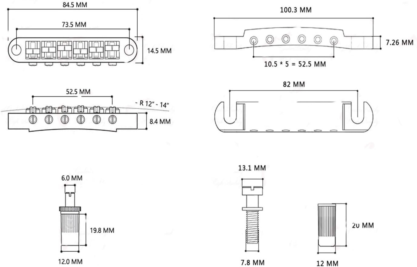 LPエレキギター用ボールベアリングブリッジ用チタン合金 ギターブリッジパーツ(Standard)