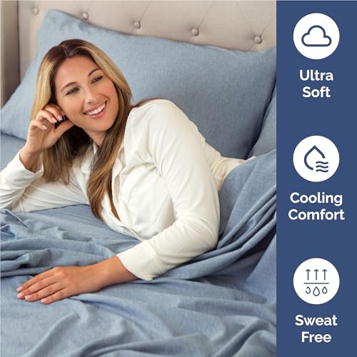 Image of Full 6 Piece Bed Sheet Set - Breathable & Cooling Sheets - Heathered Blue | Ultra-Soft Hotel Luxury Bedding Set with 8-16 Inch Deep Pockets, 1 Flat & 1 Fitted Sheet & 4 Pillowcases, Wrinkle & Fade Free