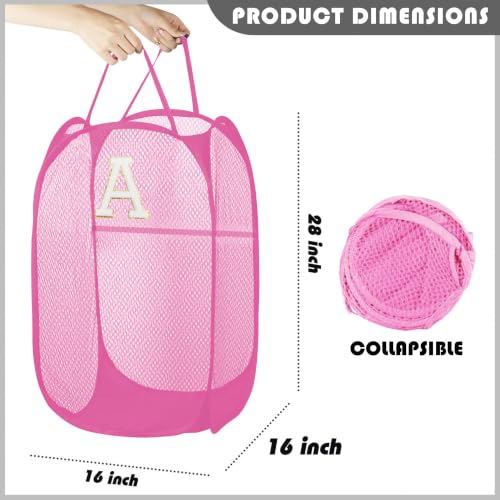Image of Collapsible Pop Up Laundry Hamper, Extra Large with Removable Initial Letter A, Mesh Foldable Laundry Basket, 28 inch x 16 inch x 16 inch (Pink)