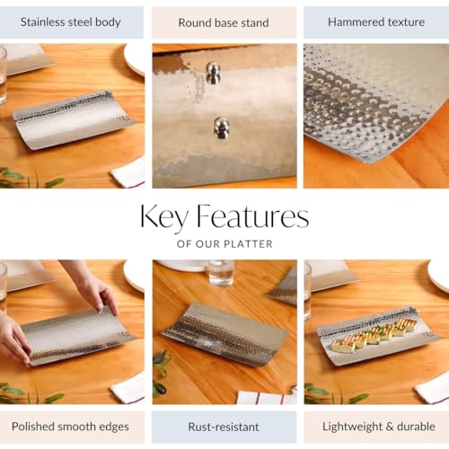 Image of Nestasia Stainless Steel Serving Platter for Snacks (25cmx15cm) - Hammered Rectangular Curved Steel Tray with Glossy Finish | Rust & Scratch Resistant Serveware for Appetisers, Desserts and Breads