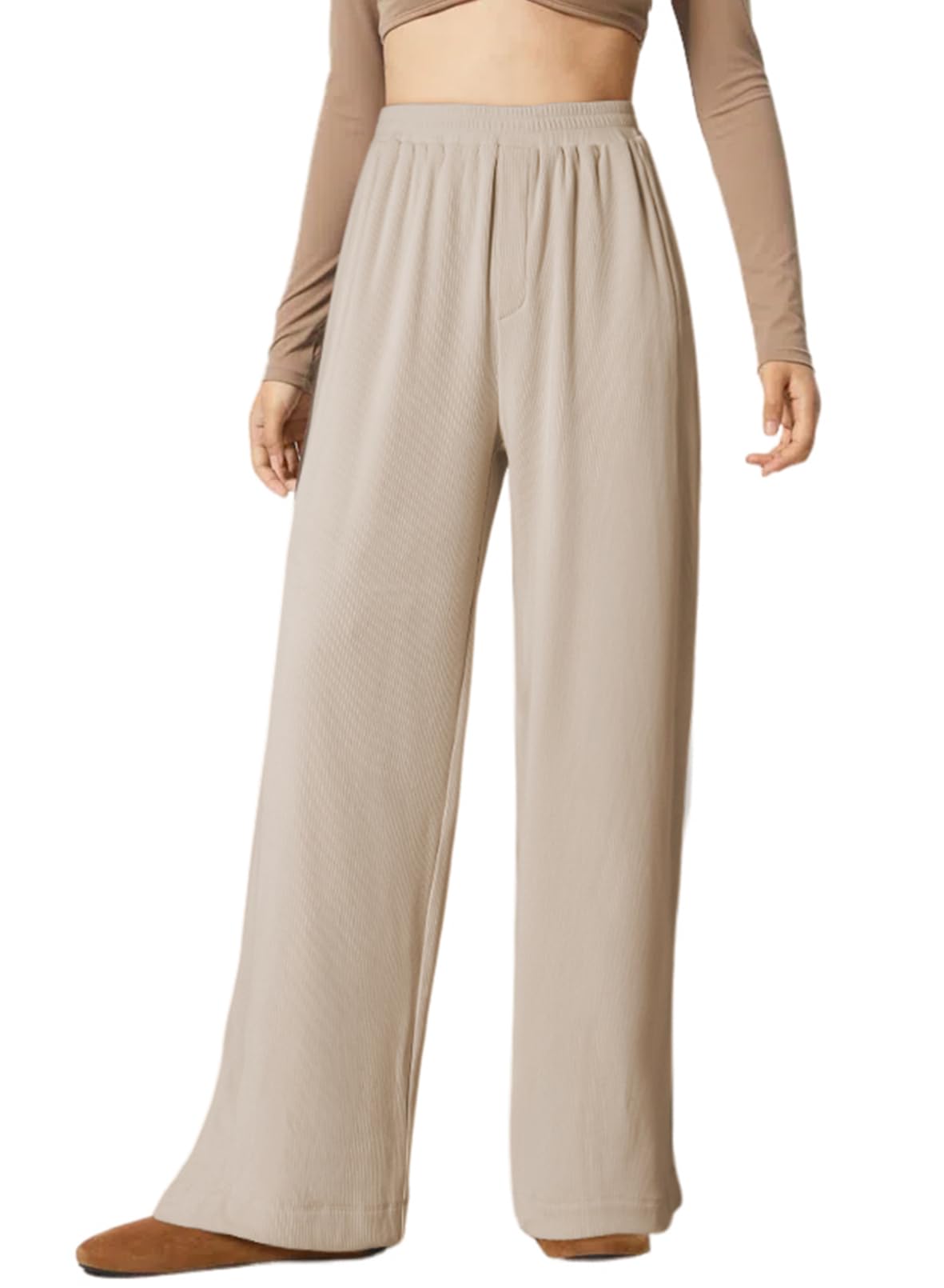 Dokotoo Womens Wide Leg Pants Trendy Casual Pants for Women 2025 Fall Ribbed Knit Waisted Baggy Pants