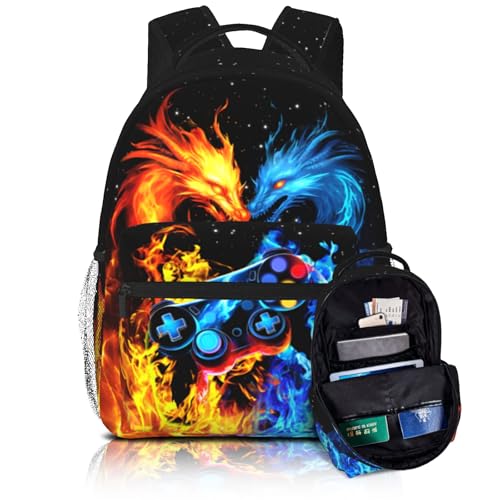 QuillGlyph School Boys Backpack Ages 8-10 Abstract Gamepad Backpack Fire Dragon Bookbag Water